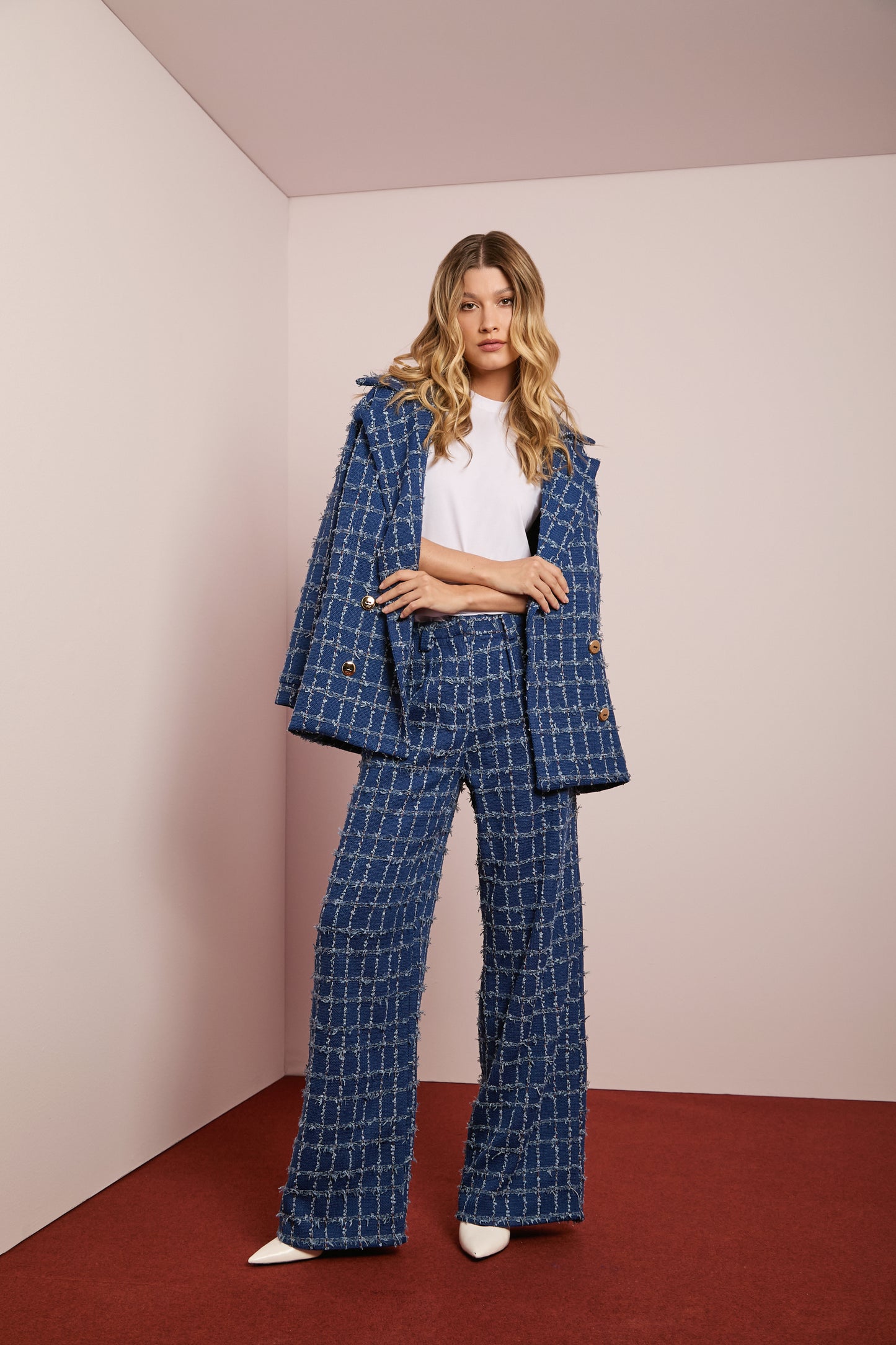 Calça Reta de Tweed Azul