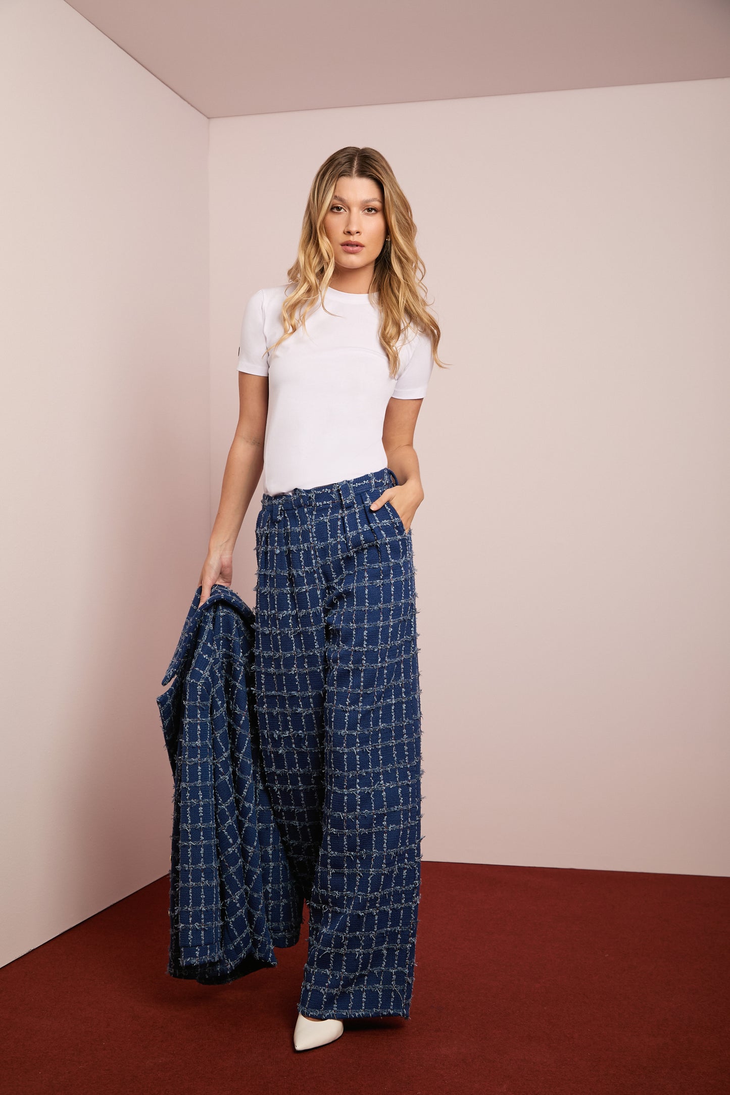 Calça Reta de Tweed Azul
