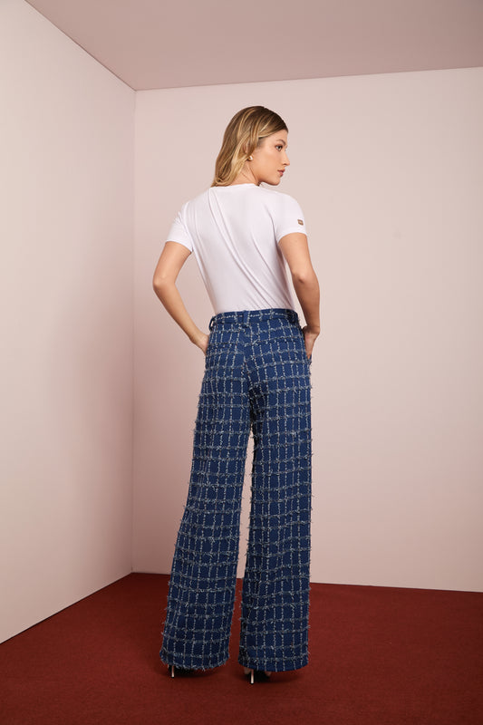 Calça Reta de Tweed Azul
