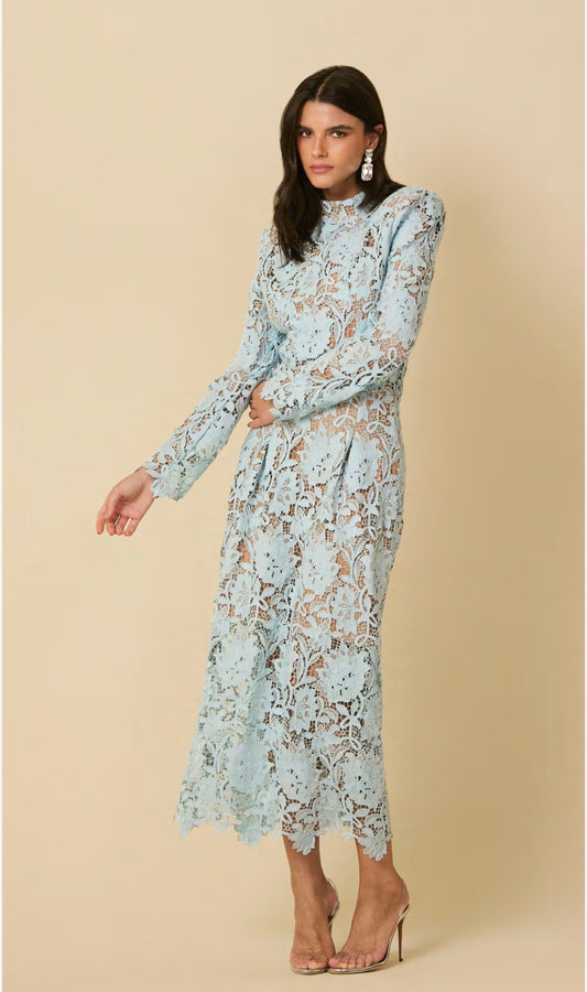 Vestido Midi de Renda Guipir Azul
