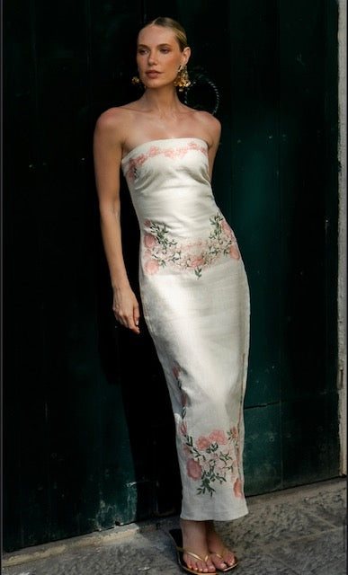 Vestido Midi Bege Bordado
