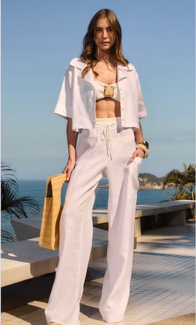 Conjunto de Linho Branco Camisa Cropped e Calça