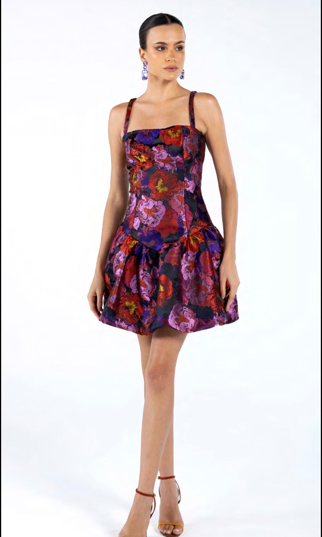 Vestido Curto Balonê com Jacquard Estampado