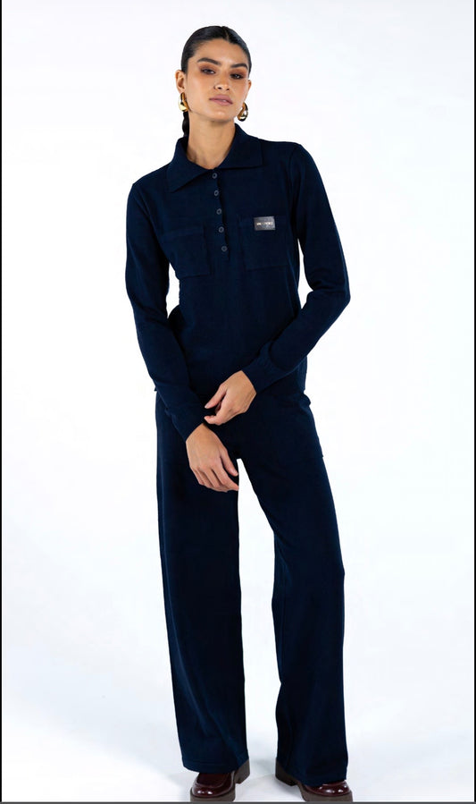 Conjunto de Tricot Gola Polo e Calça Azul Marinho