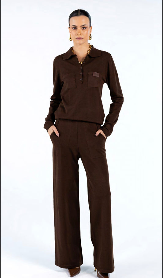 Conjunto de Tricot Gola Polo e Calça Marrom