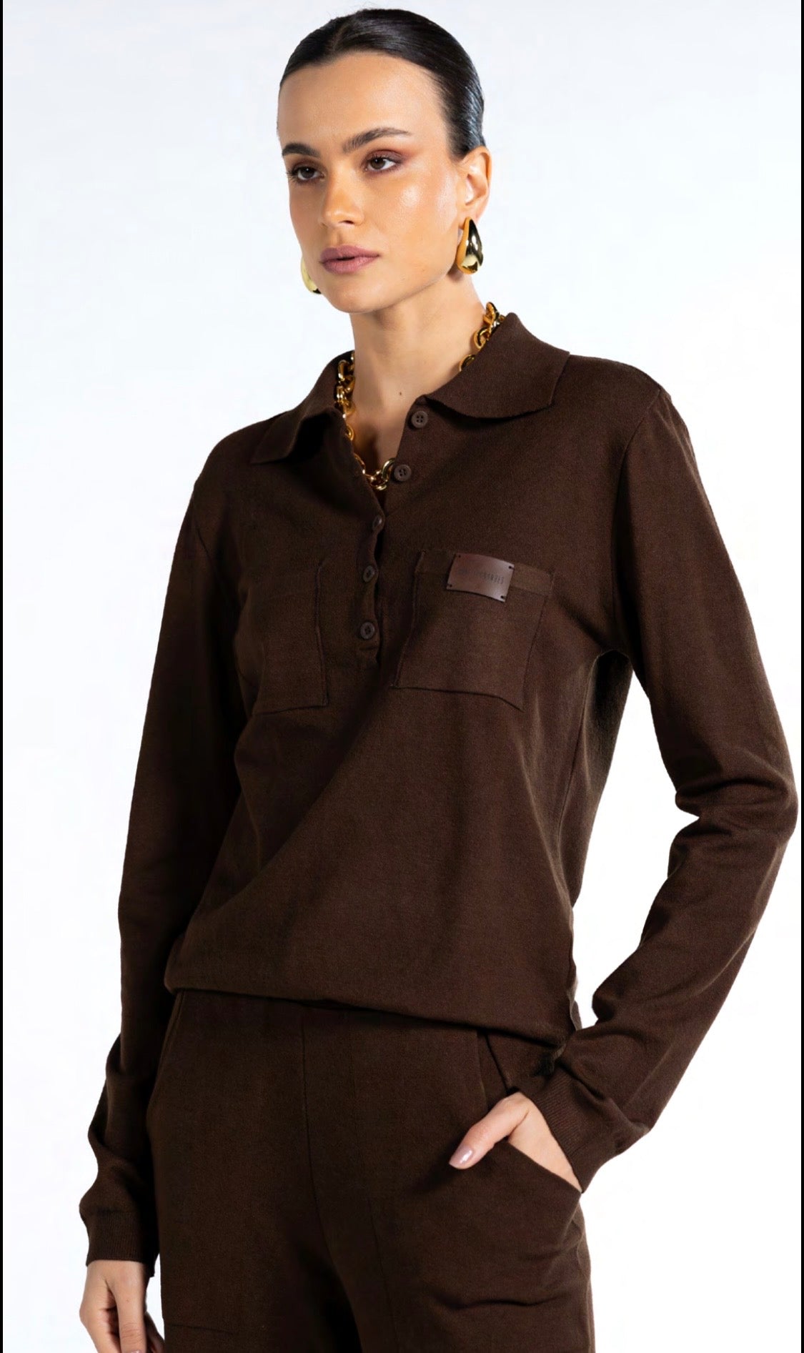 Conjunto de Tricot Gola Polo e Calça Marrom