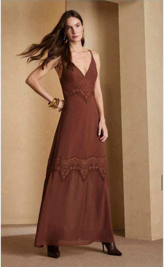 Vestido maxi alças renda